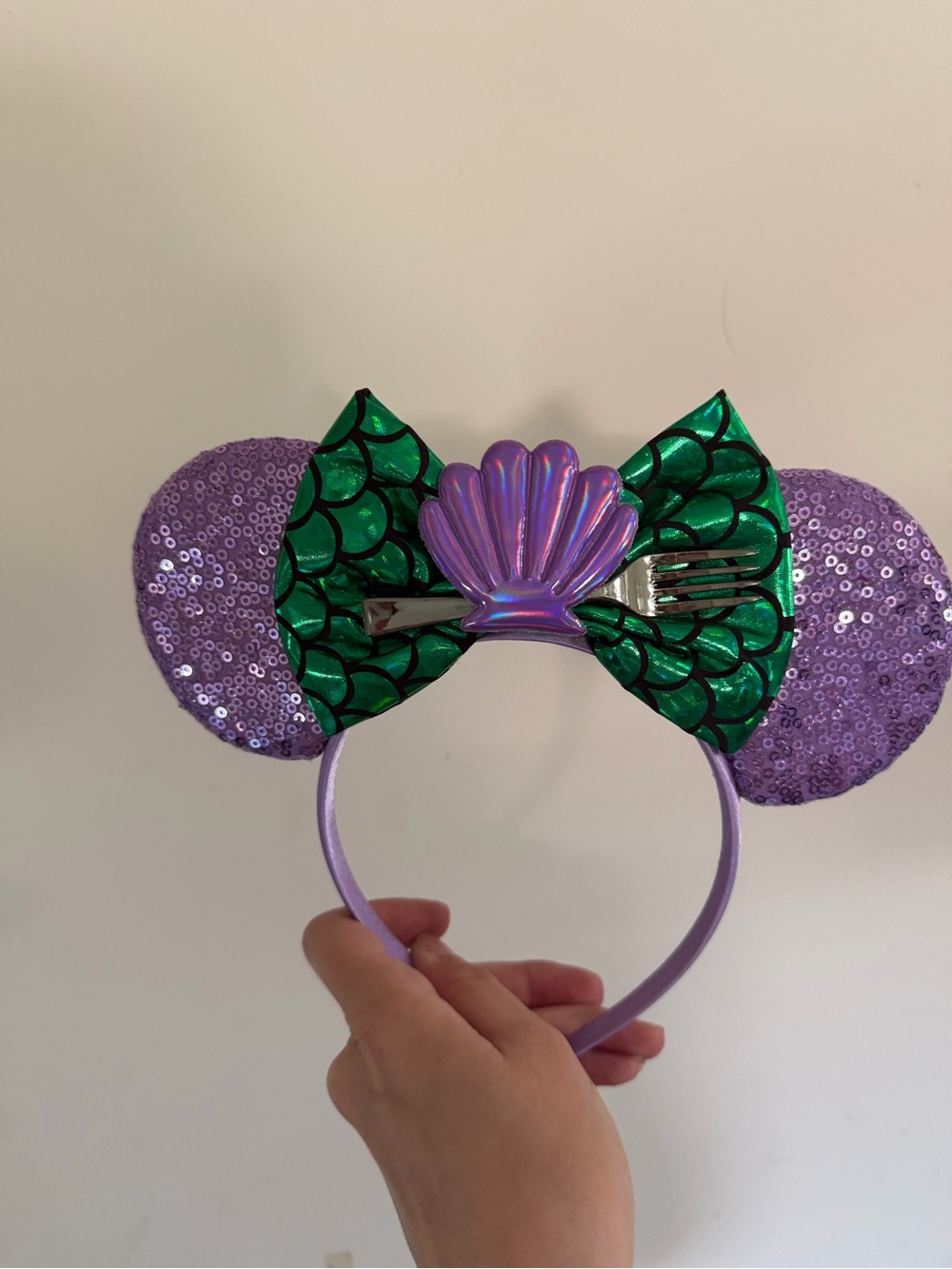 Mermaid Sequin Ear Headband with Purple Shell Bow